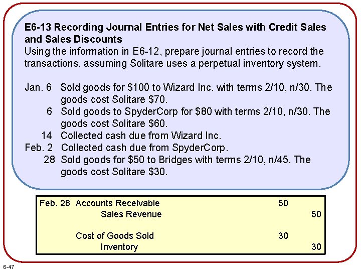 E 6 -13 Recording Journal Entries for Net Sales with Credit Sales and Sales