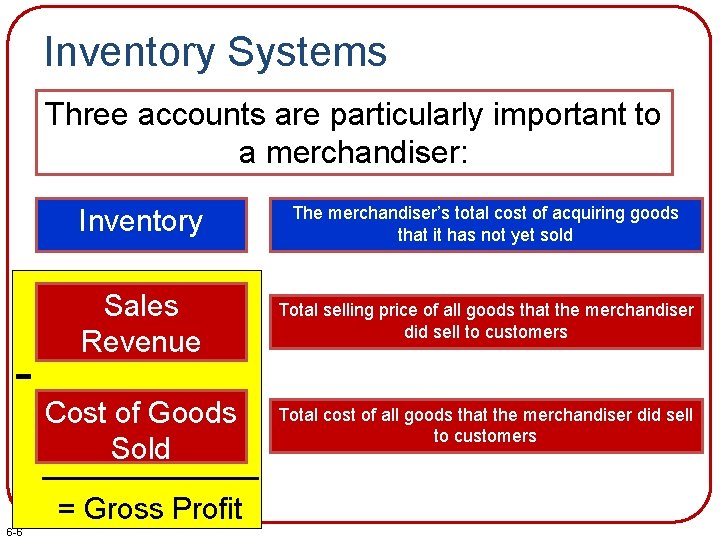 Inventory Systems Three accounts are particularly important to a merchandiser: - Inventory The merchandiser’s