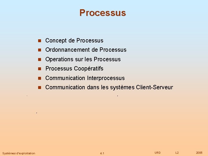 Processus n Concept de Processus n Ordonnancement de Processus n Operations sur les Processus