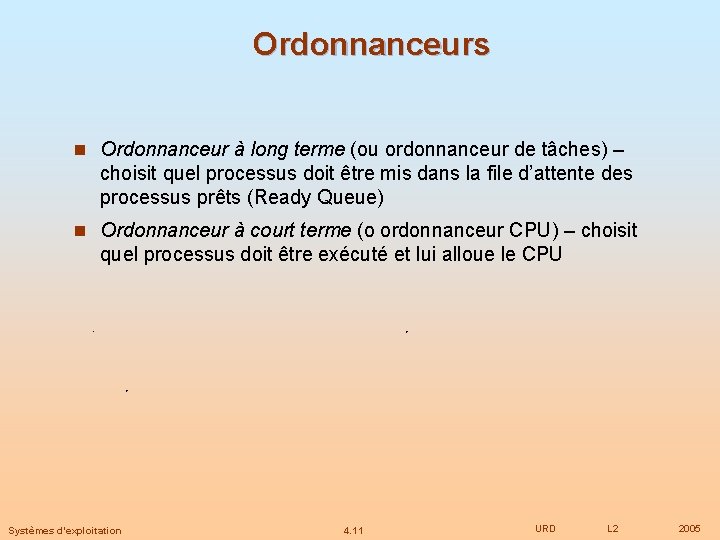 Ordonnanceurs n Ordonnanceur à long terme (ou ordonnanceur de tâches) – choisit quel processus