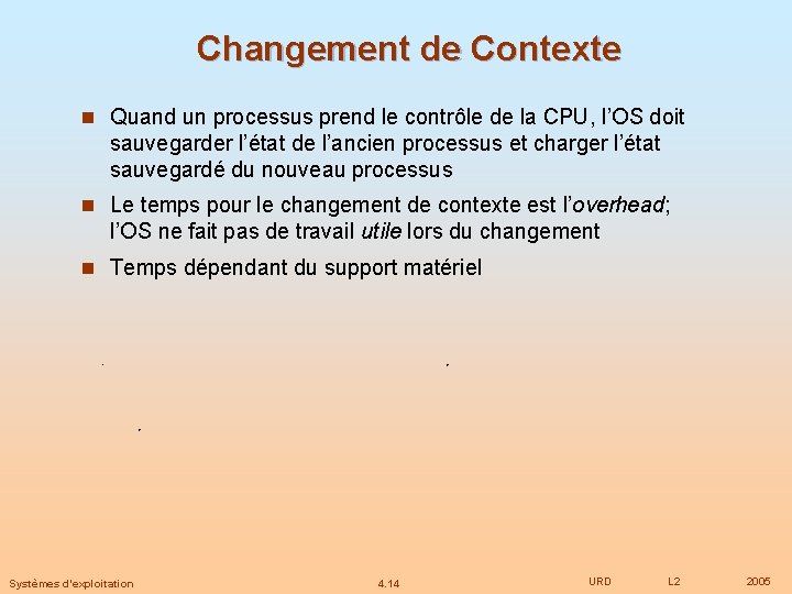 Changement de Contexte n Quand un processus prend le contrôle de la CPU, l’OS