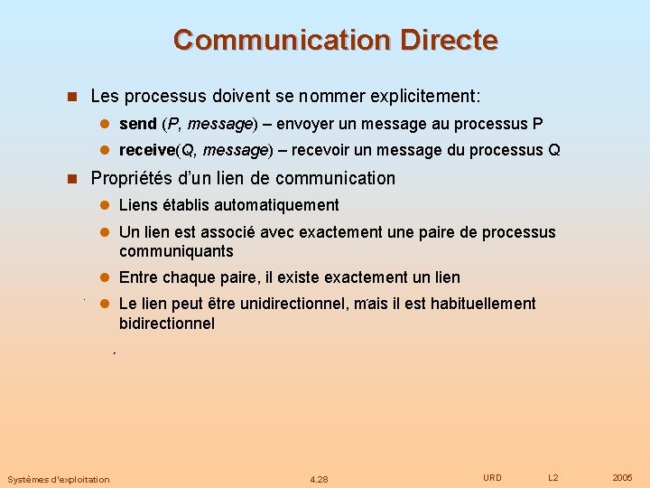 Communication Directe n Les processus doivent se nommer explicitement: l send (P, message) –