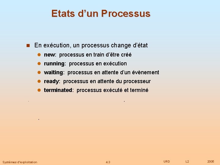 Etats d’un Processus n En exécution, un processus change d’état l new: processus en