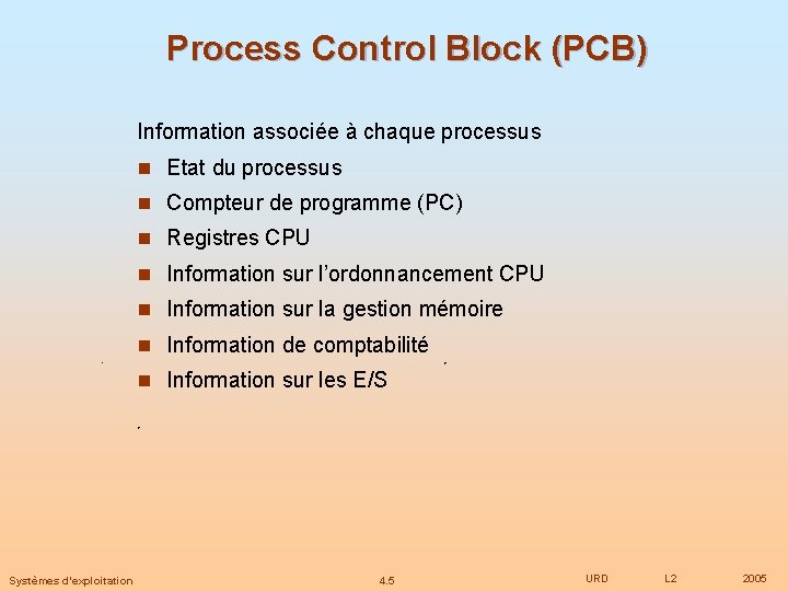 Process Control Block (PCB) Information associée à chaque processus n Etat du processus n