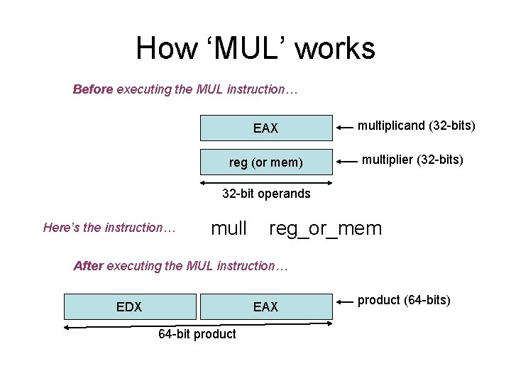 How ‘MUL’ works Before executing the MUL instruction… EAX reg (or mem) multiplicand (32