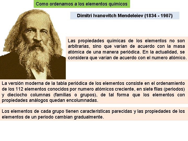 Como ordenamos a los elementos químicos Dimitri Ivanovitch Mendeleiev (1834 - 1907) Las propiedades