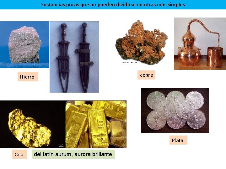 Sustancias puras que no pueden dividirse en otras más simples Hierro cobre Plata Oro