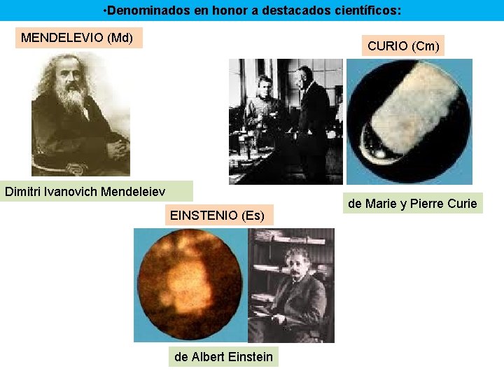 • Denominados en honor a destacados científicos: MENDELEVIO (Md) CURIO (Cm) Dimitri Ivanovich • Denominados en honor a destacados científicos: MENDELEVIO (Md) CURIO (Cm) Dimitri Ivanovich