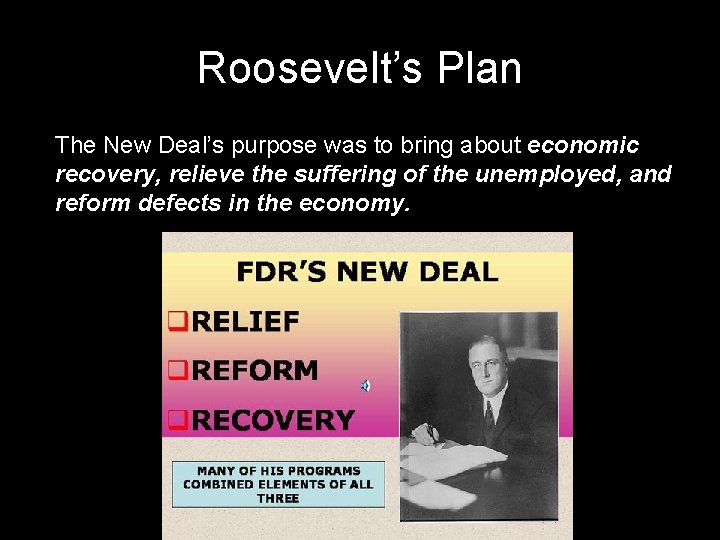 Roosevelt’s Plan The New Deal’s purpose was to bring about economic recovery, relieve the Roosevelt’s Plan The New Deal’s purpose was to bring about economic recovery, relieve the