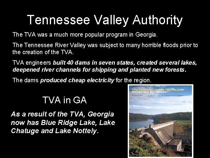Tennessee Valley Authority The TVA was a much more popular program in Georgia. The Tennessee Valley Authority The TVA was a much more popular program in Georgia. The