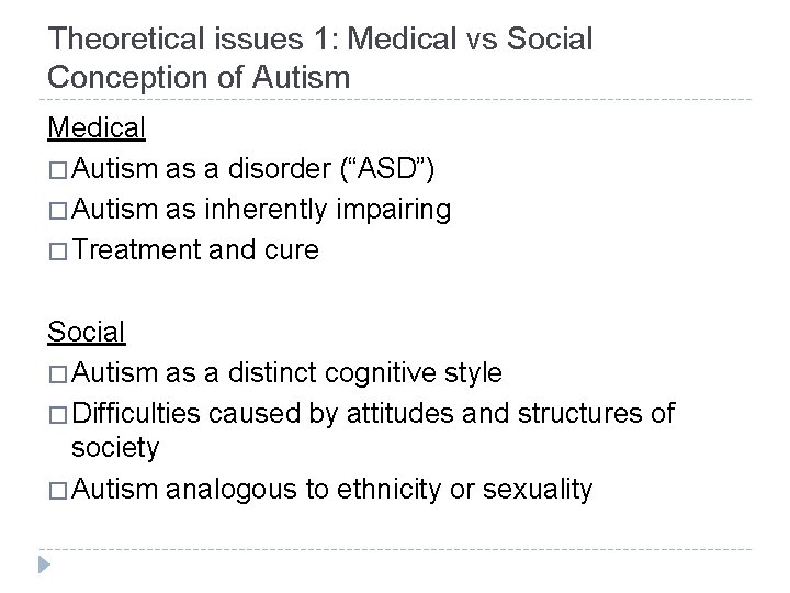 Theoretical issues 1: Medical vs Social Conception of Autism Medical � Autism as a