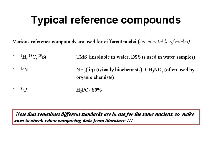 Typical reference compounds Various reference compounds are used for different nuclei (see also table