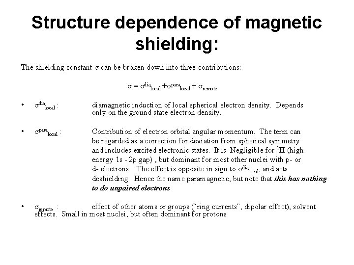 Structure dependence of magnetic shielding: The shielding constant σ can be broken down into