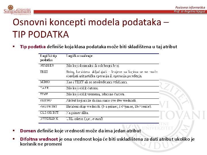 Poslovna informatika Prof. dr Angelina Njeguš Osnovni koncepti modela podataka – TIP PODATKA §