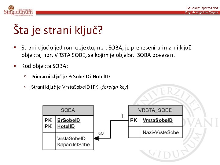 Poslovna informatika Prof. dr Angelina Njeguš Šta je strani ključ? § Strani ključ u