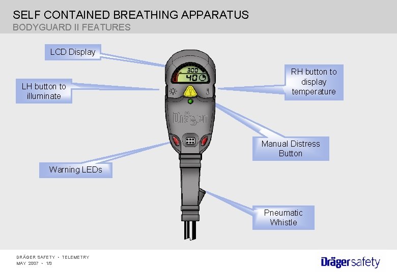 SELF CONTAINED BREATHING APPARATUS BODYGUARD II FEATURES LCD Display LH button to illuminate RH