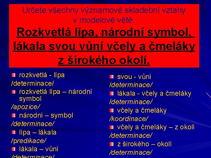 Určete všechny významové skladební vztahy v modelové větě: Rozkvetlá lípa, národní symbol, lákala svou