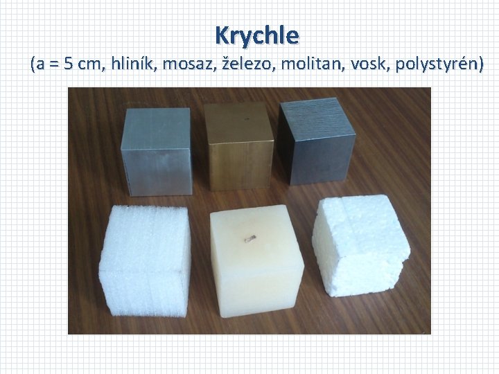 Krychle (a = 5 cm, hliník, mosaz, železo, molitan, vosk, polystyrén) 