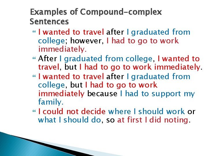 Examples of Compound-complex Sentences I wanted to travel after I graduated from college; however,