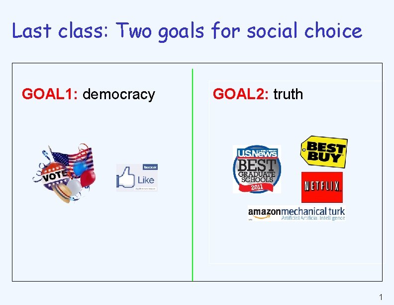 Last class: Two goals for social choice GOAL 1: democracy GOAL 2: truth 1