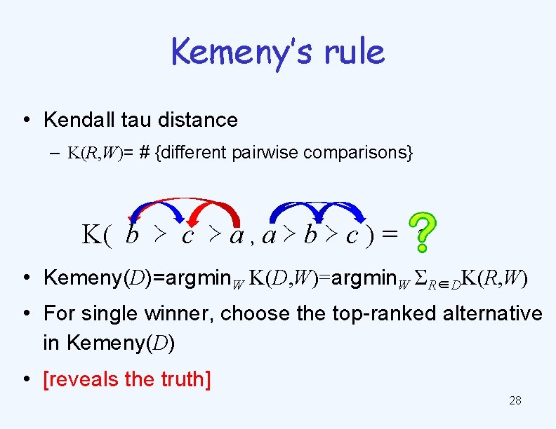 Kemeny’s rule • Kendall tau distance – K(R, W)= # {different pairwise comparisons} K(
