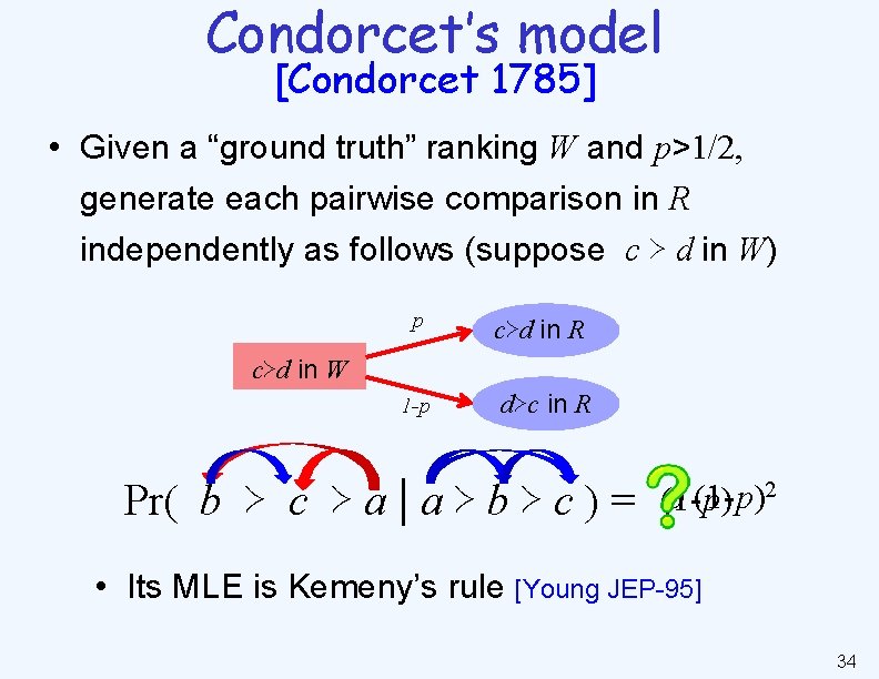 Condorcet’s model [Condorcet 1785] • Given a “ground truth” ranking W and p>1/2, generate