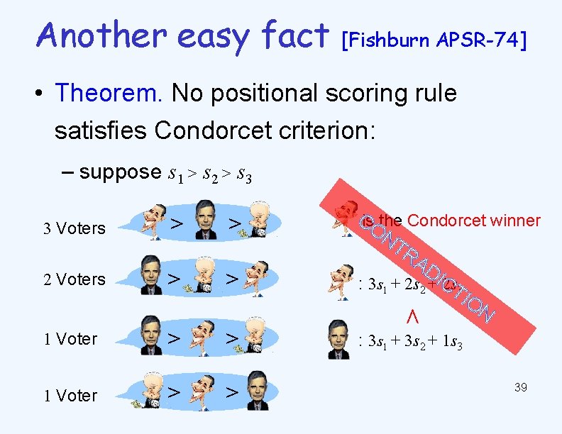Another easy fact [Fishburn APSR-74] • Theorem. No positional scoring rule satisfies Condorcet criterion: