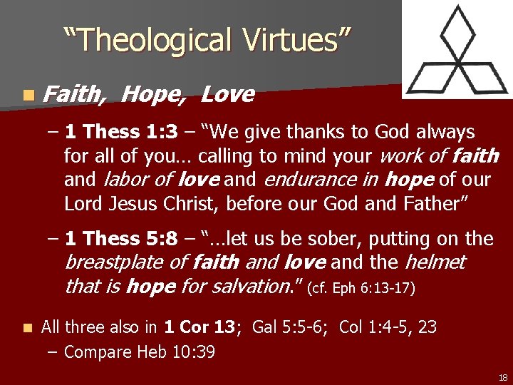 “Theological Virtues” n Faith, Hope, Love – 1 Thess 1: 3 – “We give