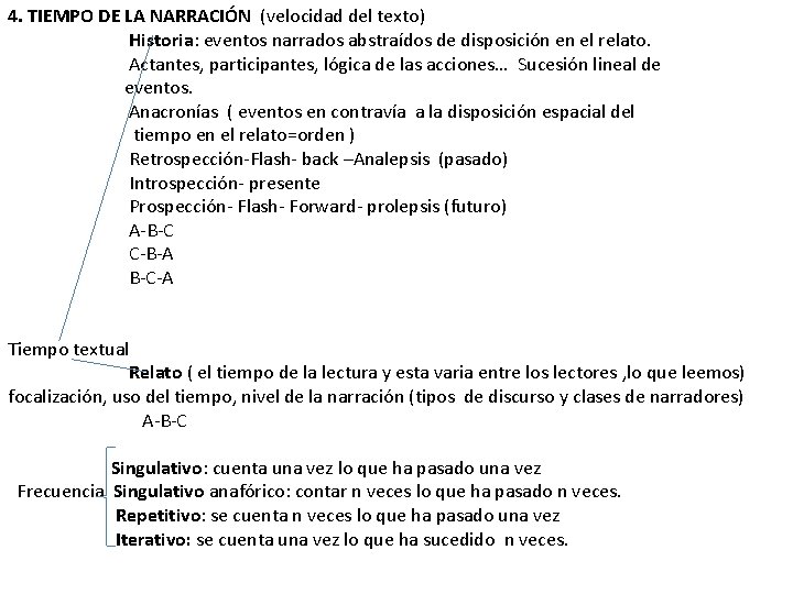4. TIEMPO DE LA NARRACIÓN (velocidad del texto) Historia: eventos narrados abstraídos de disposición