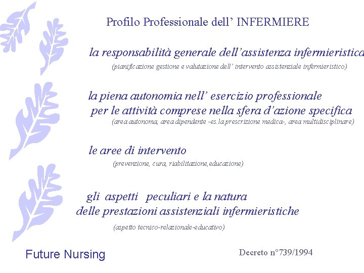Profilo Professionale dell’ INFERMIERE la responsabilità generale dell’assistenza infermieristica (pianificazione gestione e valutazione dell’