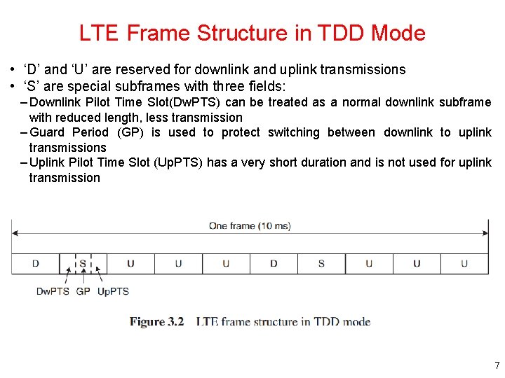 LTE Frame Structure in TDD Mode • ‘D’ and ‘U’ are reserved for downlink