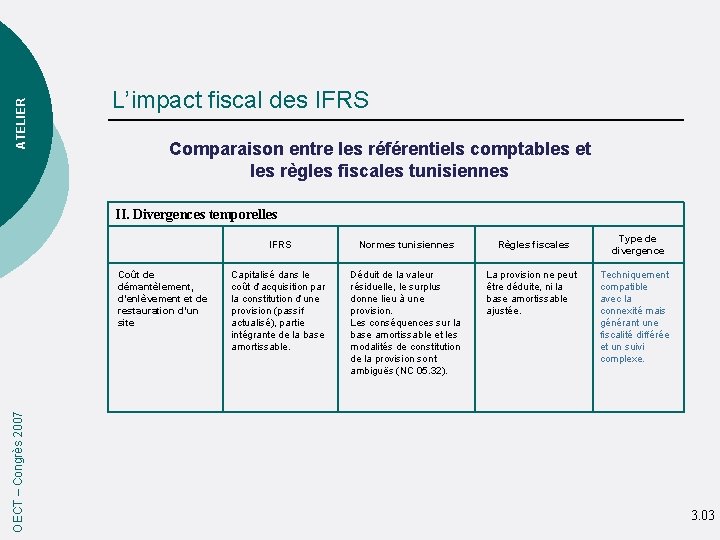 ATELIER L’impact fiscal des IFRS Comparaison entre les référentiels comptables et les règles fiscales