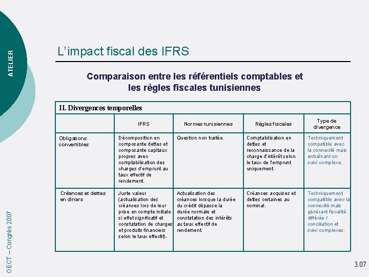 ATELIER L’impact fiscal des IFRS Comparaison entre les référentiels comptables et les règles fiscales