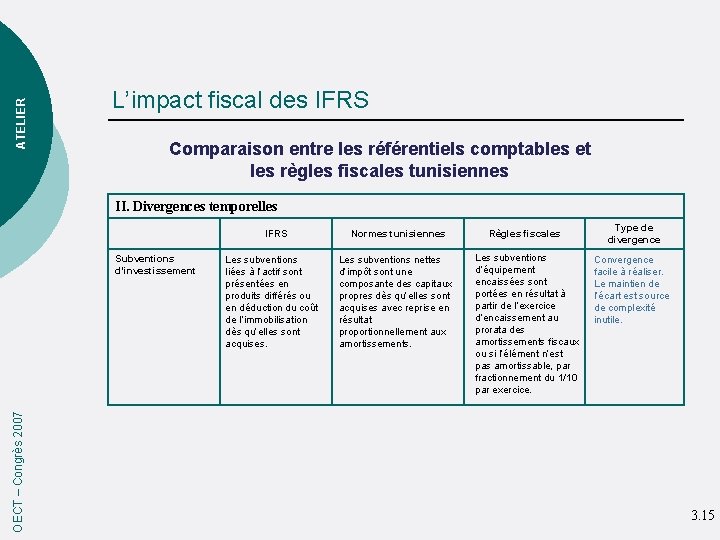 ATELIER L’impact fiscal des IFRS Comparaison entre les référentiels comptables et les règles fiscales