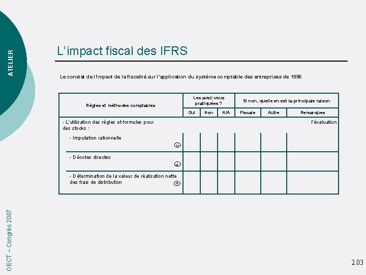 ATELIER L’impact fiscal des IFRS Le constat de l’impact de la fiscalité sur l’application