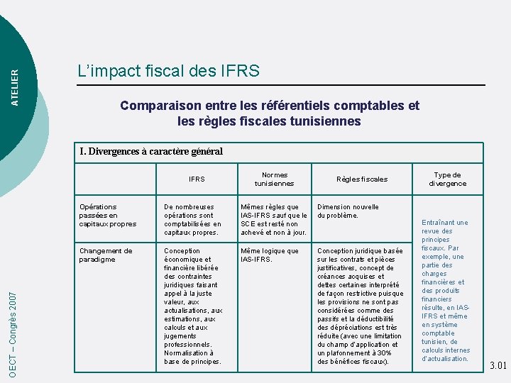 ATELIER L’impact fiscal des IFRS Comparaison entre les référentiels comptables et les règles fiscales