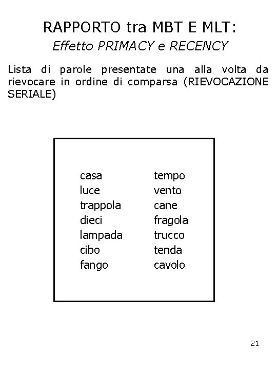 RAPPORTO tra MBT E MLT: Effetto PRIMACY e RECENCY Lista di parole presentate una