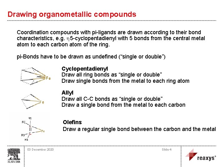 Drawing organometallic compounds Coordination compounds with pi-ligands are drawn according to their bond characteristics,
