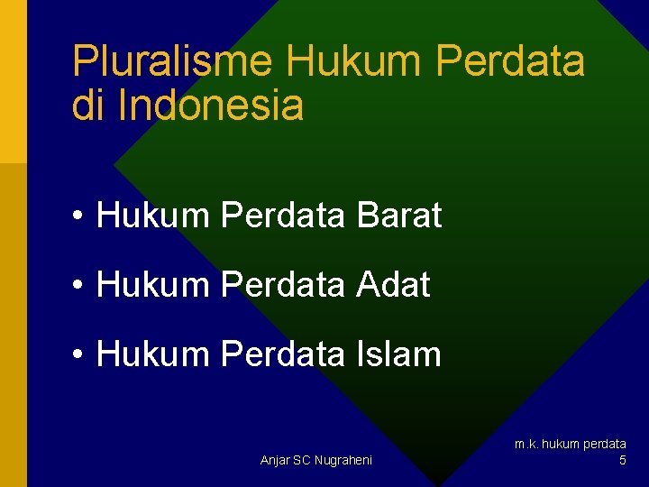 Pluralisme Hukum Perdata di Indonesia • Hukum Perdata Barat • Hukum Perdata Adat •