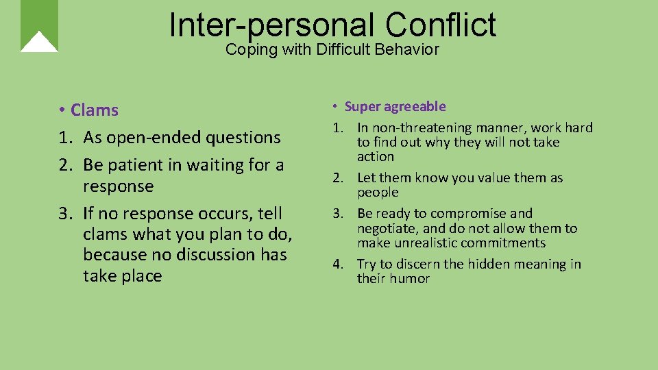 Inter-personal Conflict Coping with Difficult Behavior • Clams 1. As open-ended questions 2. Be