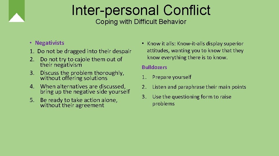 Inter-personal Conflict Coping with Difficult Behavior • Negativists 1. Do not be dragged into