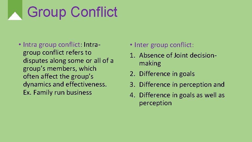 Group Conflict • Intra group conflict: Intragroup conflict refers to disputes along some or