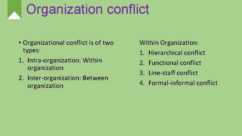 Organization conflict • Organizational conflict is of two types: 1. Intra-organization: Within organization 2.