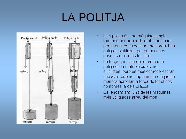 LA POLITJA • • • Una politja és una màquina simple formada per una