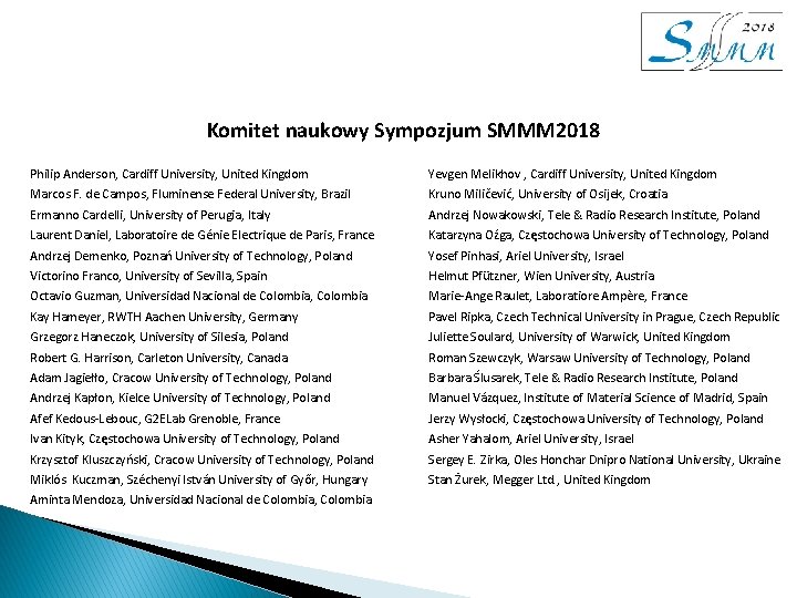 Komitet naukowy Sympozjum SMMM 2018 Philip Anderson, Cardiff University, United Kingdom Yevgen Melikhov , Komitet naukowy Sympozjum SMMM 2018 Philip Anderson, Cardiff University, United Kingdom Yevgen Melikhov ,