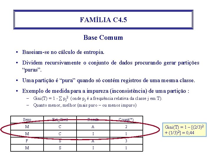 FAMÍLIA C 4. 5 Base Comum • Baseiam-se no cálculo de entropia. • Dividem