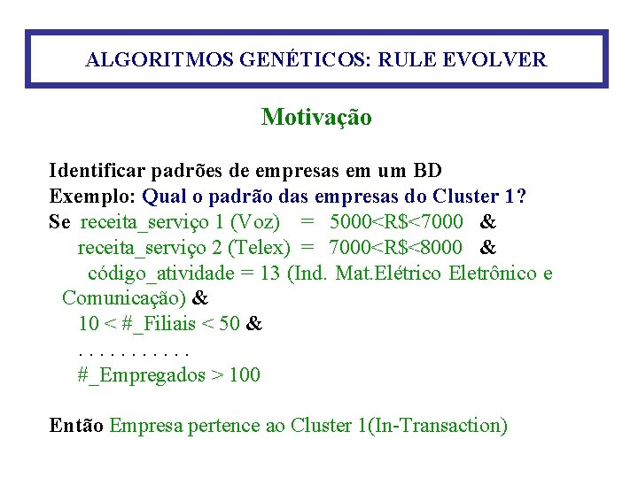 ALGORITMOS GENÉTICOS: RULE EVOLVER Motivação Identificar padrões de empresas em um BD Exemplo: Qual