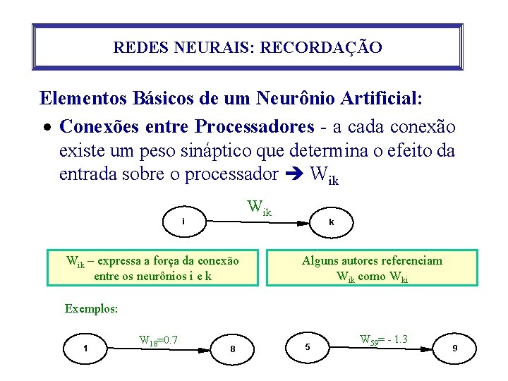 REDES NEURAIS: RECORDAÇÃO Elementos Básicos de um Neurônio Artificial: · Conexões entre Processadores -