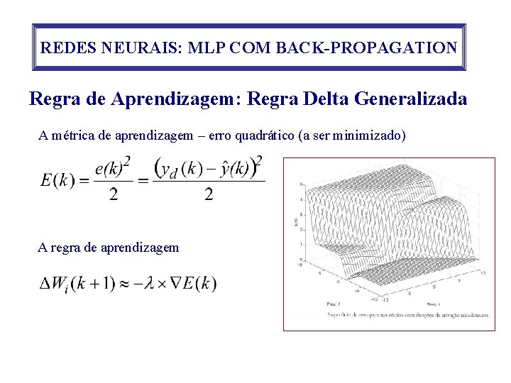 REDES NEURAIS: MLP COM BACK-PROPAGATION Regra de Aprendizagem: Regra Delta Generalizada A métrica de