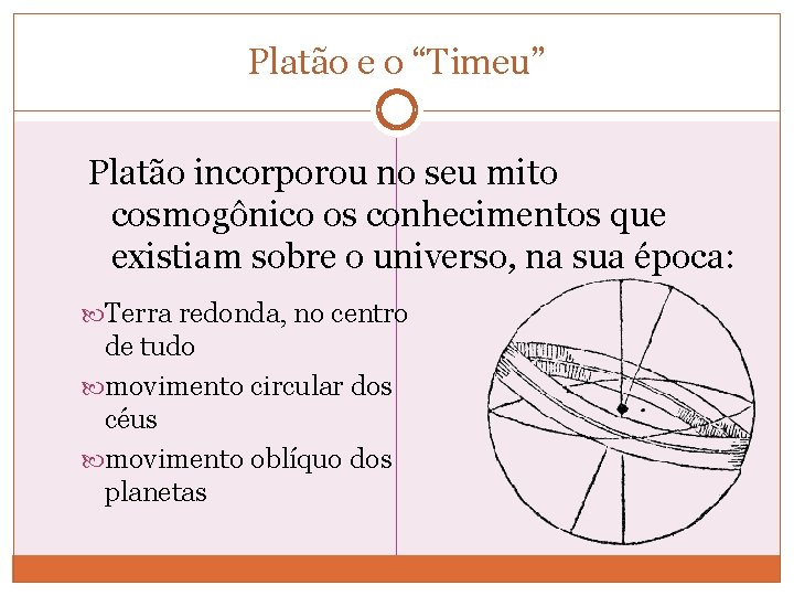 Platão e o “Timeu” Platão incorporou no seu mito cosmogônico os conhecimentos que existiam